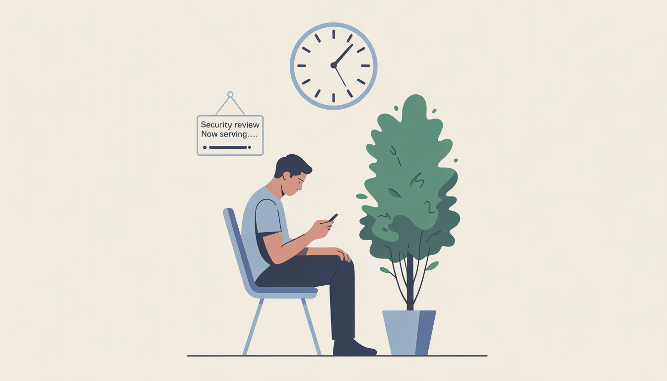 Person sitting in waiting room looking at phone while clock ticks and plant grows tall - the security review wait