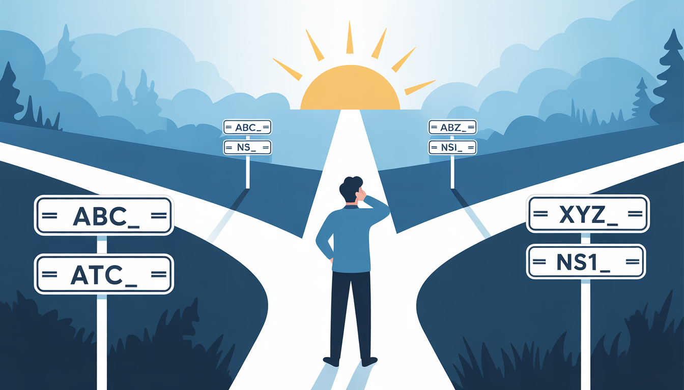 A person standing at a fork in the road with namespace signs - choosing a permanent namespace prefix