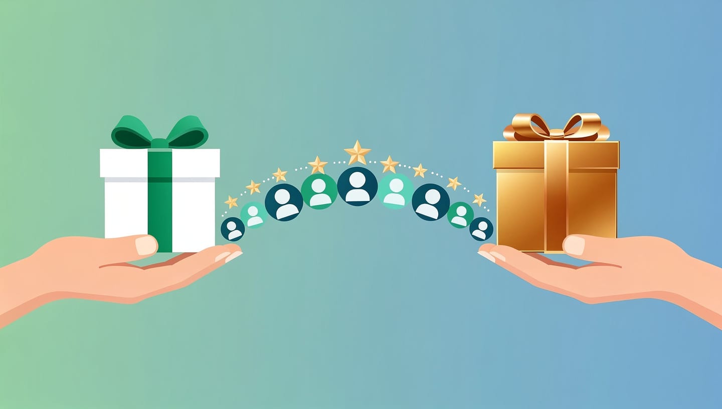 Two hands holding gift boxes - free green box and premium gold box with users bridging between them