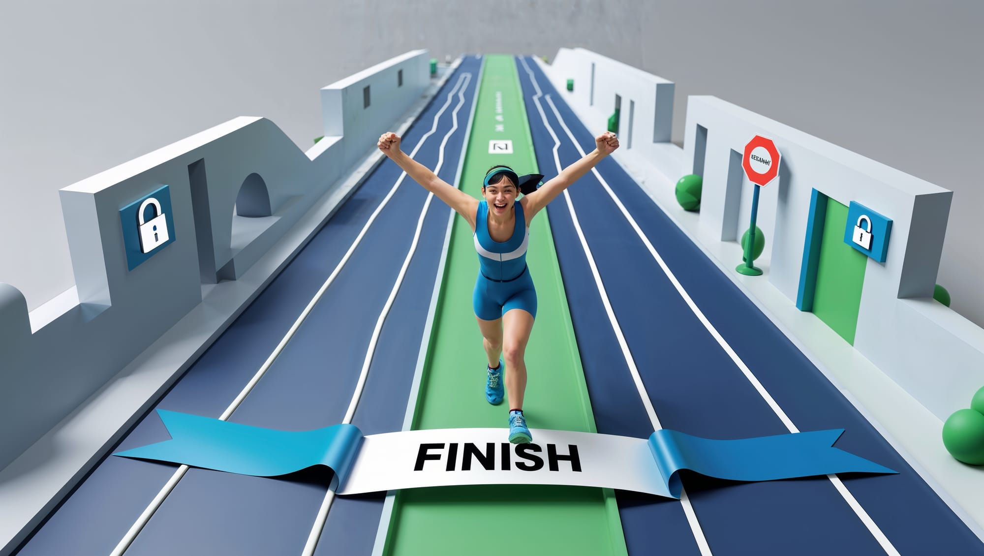 Runner crossing finish line on a long track with obstacles behind them - triumphant after the AppExchange journey