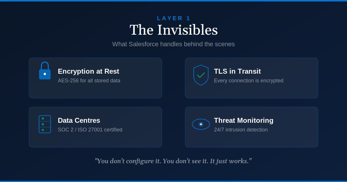 Layer 1 - The Invisibles: cloud infrastructure, encryption, and threat monitoring handled by Salesforce